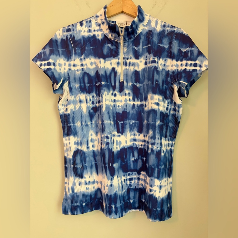 Chico’s Zenergy Golf Top Blue White Tie Dye Quarter Zip Pullover Size 1 Small